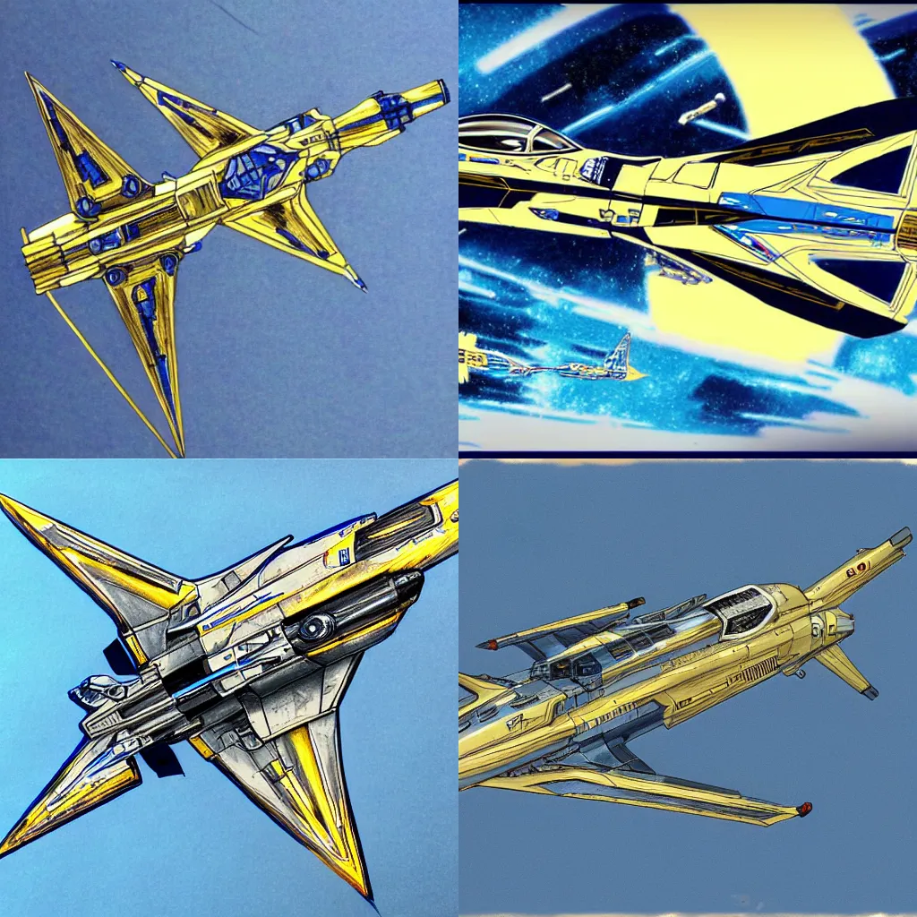 Prompt: a detailed sketch of an anime starfighter, realistic, blue and gold