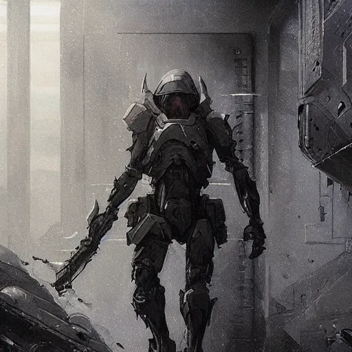 Image similar to concept art by greg rutkowski, soldiers in white and black futuristic tactical gear, through the corridors of the ship, claustrophobic and futuristic, brutalistic environment, scifi, detailed and intricate environment, high technology, highly detailed portrait, digital painting, artstation, concept art, smooth, sharp foccus ilustration, artstation hq.