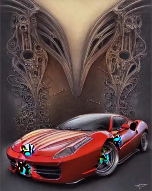 Image similar to Ferrari hotrod car with an exposed V12 engine, fantasy, intricate art nouveau mechanical designs, elegant, highly detailed, sharp focus, art by Artgerm and Greg Rutkowski and WLOP