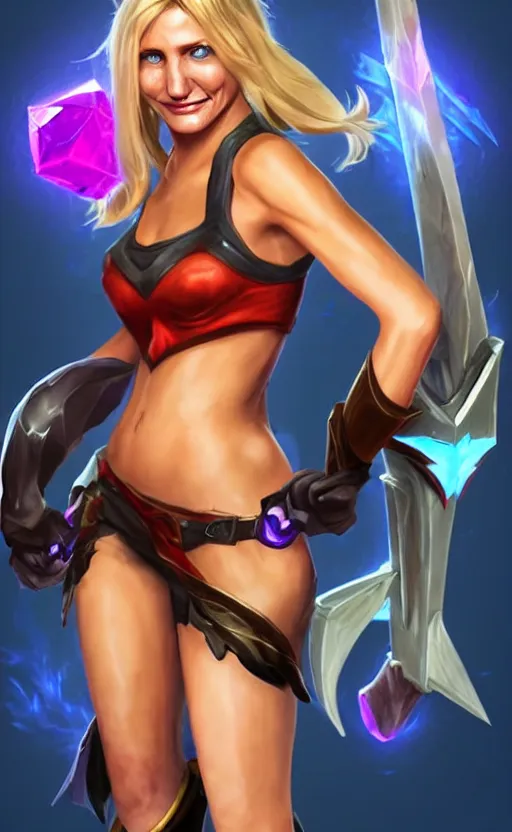 Prompt: Cameron Diaz as a character in the game League of Legends, with a background based on the game League of Legends, detailed face, old 3d graphics