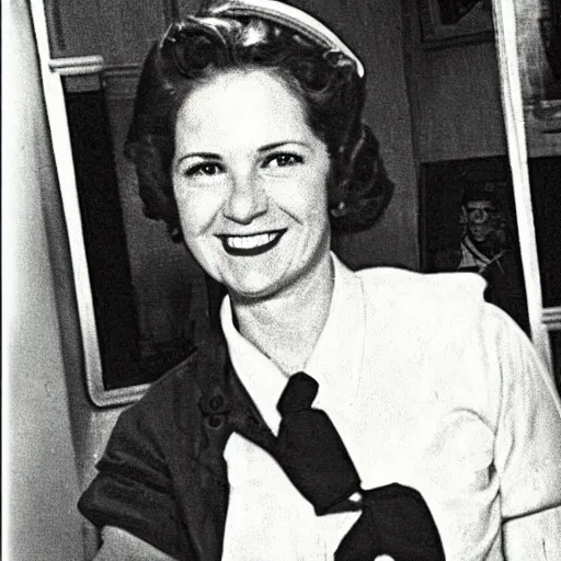 Prompt: Pam from the office, in WWII at her reception desk
