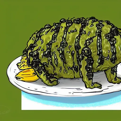 Image similar to a plate of a wholesome dinner of roasted tardigrade with a side of green mucus, digital art