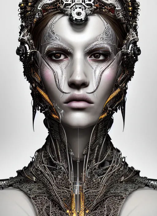 Image similar to portrait of an absurdly beautiful, graceful, sophisticated, fashionable cyberpunk mechanoid, hyperdetailed illustration by irakli nadar and vania zouravliov, matt wisniewski style, intricate linework, white porcelain skin, metal tribal headdress, day - glow face paint, unreal engine 5 highly rendered, global illumination, radiant light, detailed and intricate environment