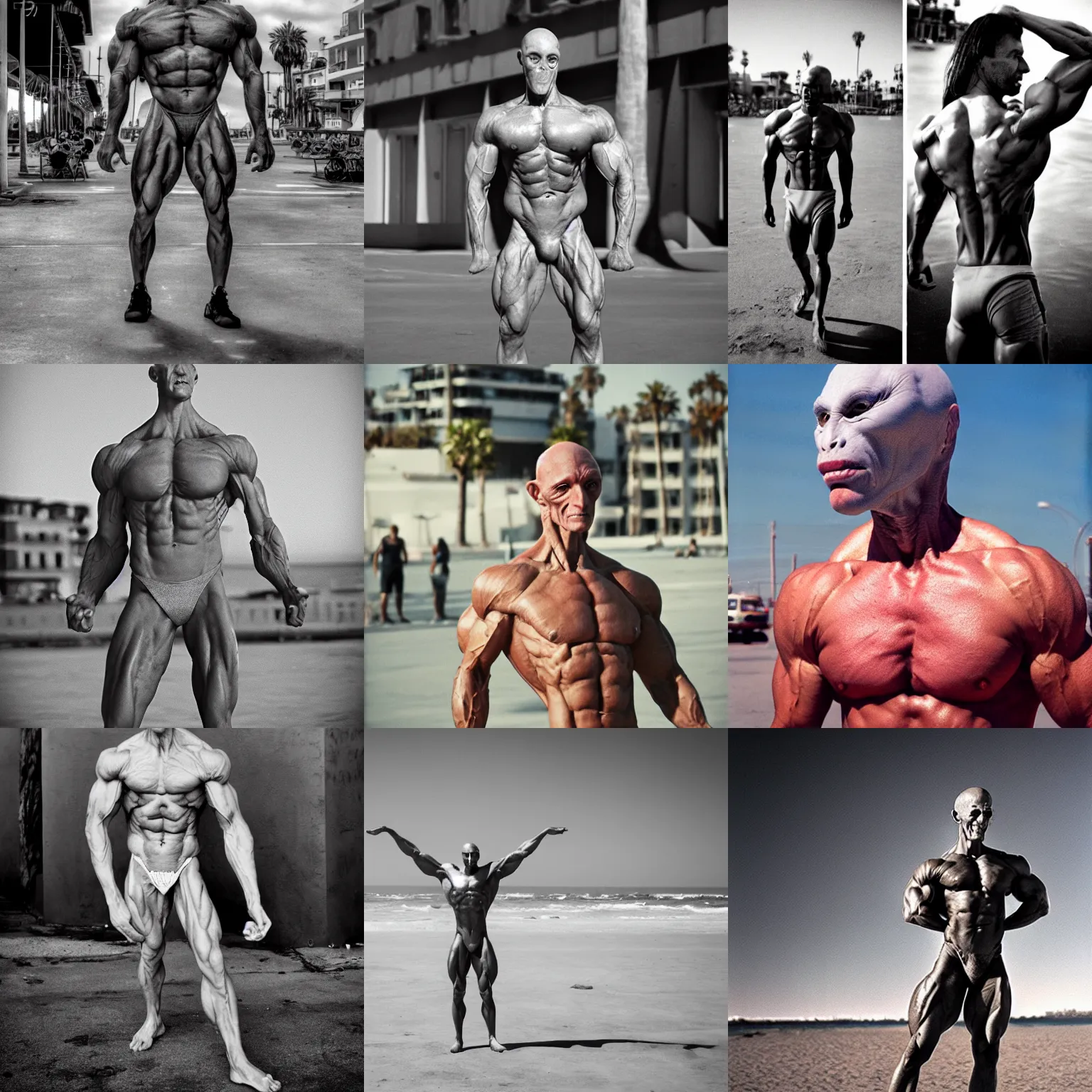 Prompt: weird grey alien bodybuilder, venice beach, cgsociety, realistic, cinematic, 70mm, kodachrome, 8k