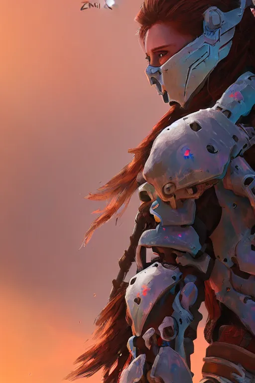 Image similar to combination suit armor aloy horizon forbidden west horizon zero dawn radiating a glowing aura global illumination ray tracing hdr fanart arstation by ian pesty and alena aenami artworks in 4 k tribal robot ninja mask helmet backpack