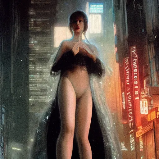 Image similar to epic wide angle masterpiece full body portrait a beautiful woman with pale, flawless skin, wearing a transparent plastic rain coat on the streets of Los Angeles at night in Bladerunner (1982), by Edgar Maxence and Ross Tran and Michael Whelan