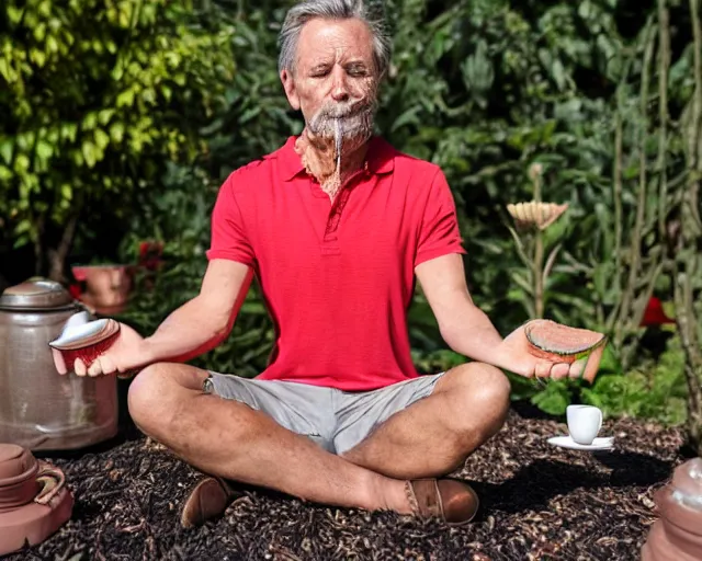 Image similar to mr robert is drinking fresh tea, smoke pot and meditate in a garden from spiral mug, detailed focused face, muscular hands, golden hour closeup photo, red elegant shirt, eyes wide open, ymmm and that smell