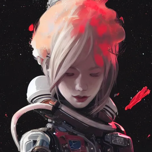 Prompt: highly detailed portrait of a pretty young astronaut with a wavy blonde hair, by Dustin Nguyen, Akihiko Yoshida, Greg Tocchini, Greg Rutkowski, Cliff Chiang, 4k resolution, nier:automata inspired, bravely default inspired, vibrant but dreary red, black and white color scheme!!! ((Space nebula background))