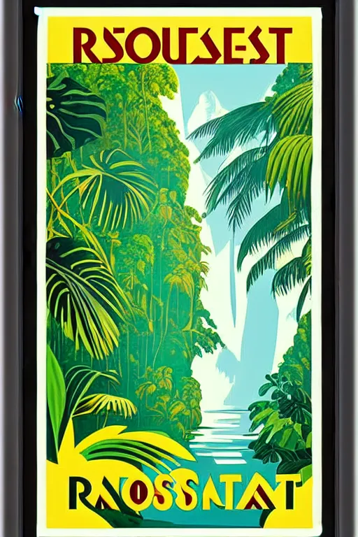 Prompt: art deco travel poster. rainforest, framed poster