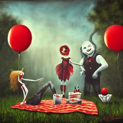 Prompt: grunge painting of a picnic with a wide smile and a red balloon by chris leib, loony toons style, pennywise style, corpse bride style, creepy lighting, horror theme, detailed, elegant, intricate, conceptual, volumetric light