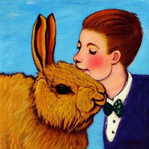 Prompt: a rabbit lovingly kissing an alpaca's cheek in the style of gifford beal