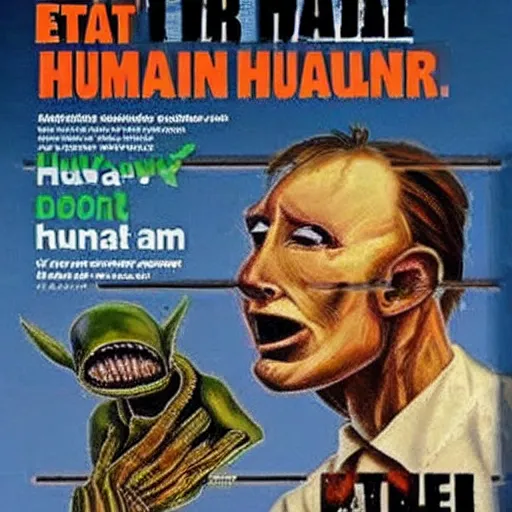 Image similar to humans are trapped in an alien human farm, shocking images, magazine, don't eat humans