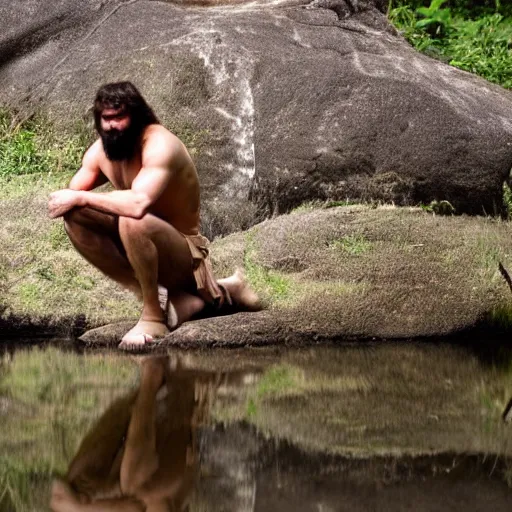 Image similar to a caveman kneeling down at a river, an looking at his own reflection cinematic 3 5 mm 8 k realistic