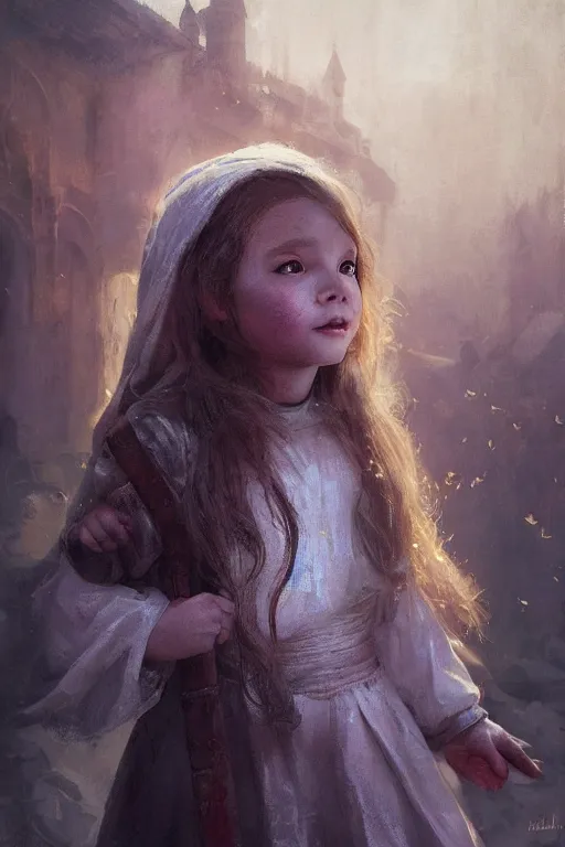 Image similar to medieval little girl, joyful, hope, close - up portrait, intricate, elegant, volumetric lighting, scenery, digital painting, highly detailed, artstation, sharp focus, illustration, concept art, ruan jia, steve mccurry