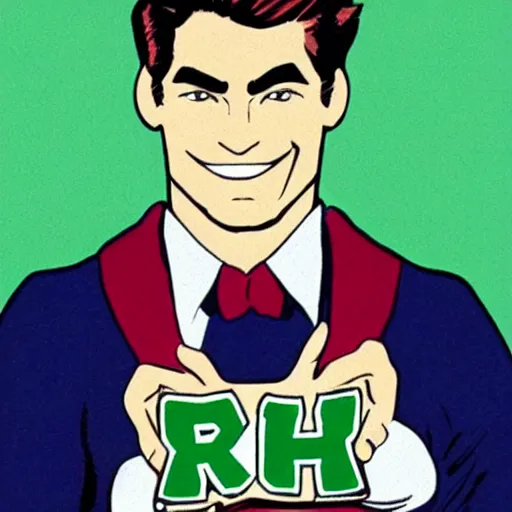 Prompt: Archie Andrews wearing a green bow tie and a black sweater vest with a letter R on it, highly detailed