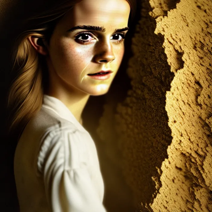 Image similar to Kodak Portra 400, 8K, soft light, volumetric lighting, highly detailed, Rena Nounen style 3/4 ,portrait photo of Emma Watson as Hermione Granger by WLOP, the face emerges from a lava flowing gold travertine terraces with lotus flowers, inspired by Ophelia paint , a beautiful luxurious fully clothed, hair is intricate with highly detailed realistic beautiful flowers , Realistic, Refined, Highly Detailed, ethereal lighting colors scheme, outdoor fine art photography, Hyper realistic, photo realistic, masterpiece