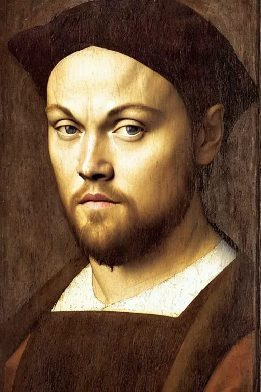 Image similar to 1 4 0 0 s renaissance portrait of leonardo dicaprio oil painting by jan van eyck, northern renaissance art, oil on canvas, wet - on - wet technique, realistic, expressive emotions, intricate textures, illusionistic detail