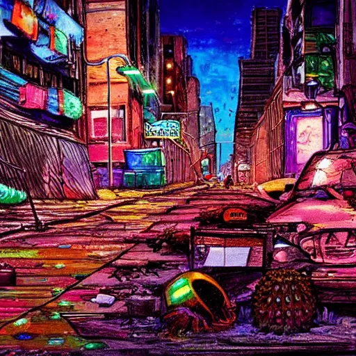 Prompt: A dirty street in the Bronx, by night, with giant neonpunk urchin everywhere, colorful composition, ultra detailed, dang yo