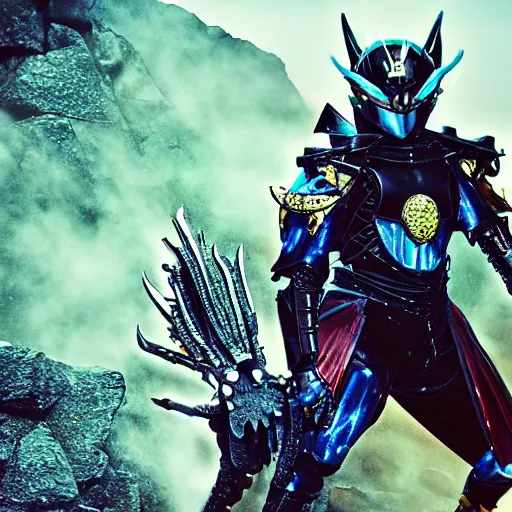 Prompt: High Fantasy Kamen Rider, 4k, glowing eyes, rock quarry location, daytime, rubber suit, dark blue segmented armor, dragon inspired armor