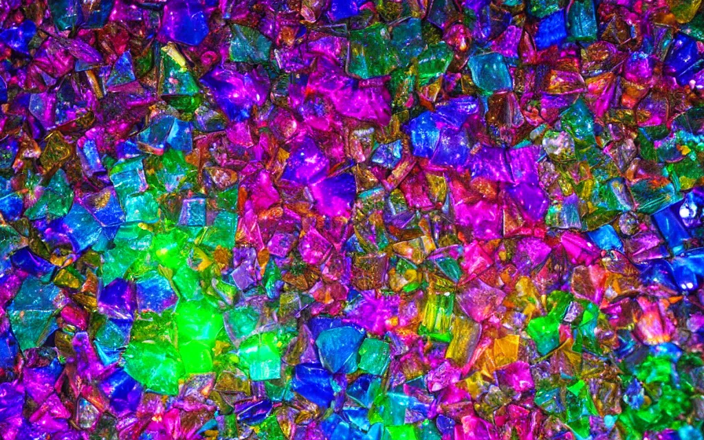 Prompt: iridescent crystals glowing in the dark, providing light in a mysterious cave by lisa frank and walter percy day