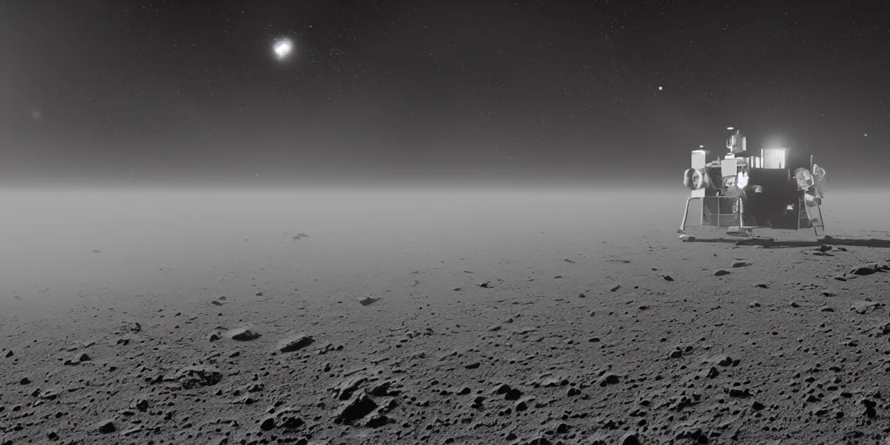 Prompt: closeup black and white photo from the surface of the moon, cinematic film still, glowing landing lights on spaceship landing on, stars and space in the background, fog and dust