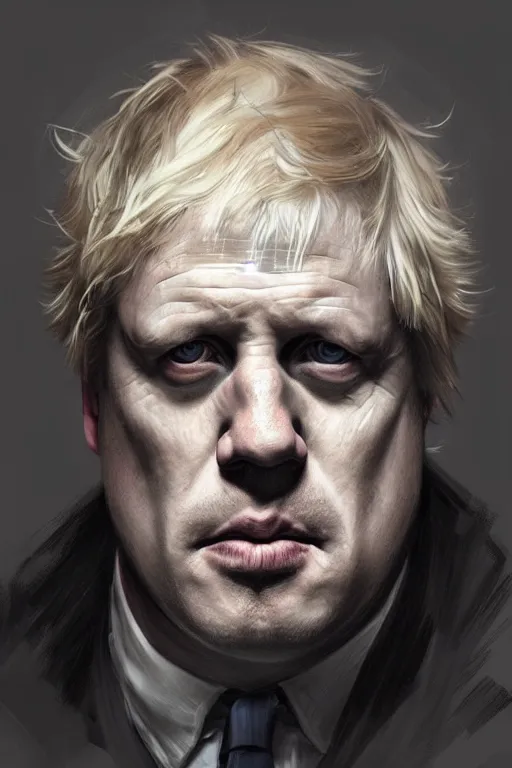 Image similar to Boris Johnson as Punisher, portrait, insanely detailed, digital painting, artstation, concept art, smooth, sharp focus, illustration, cinematic lighting, art by artgerm and greg rutkowski and alphonse mucha