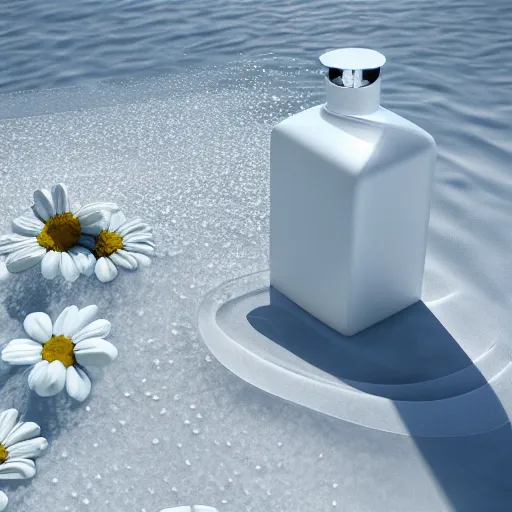 Prompt: perfume bottle buried white daisies on a zen clean modern minimalist beach with an ocean view, frozen and covered in ice, by peter tarka in an ivory room well contoured smooth fair walls, zaha hadid octane highly render, 4 k, ultra hd,