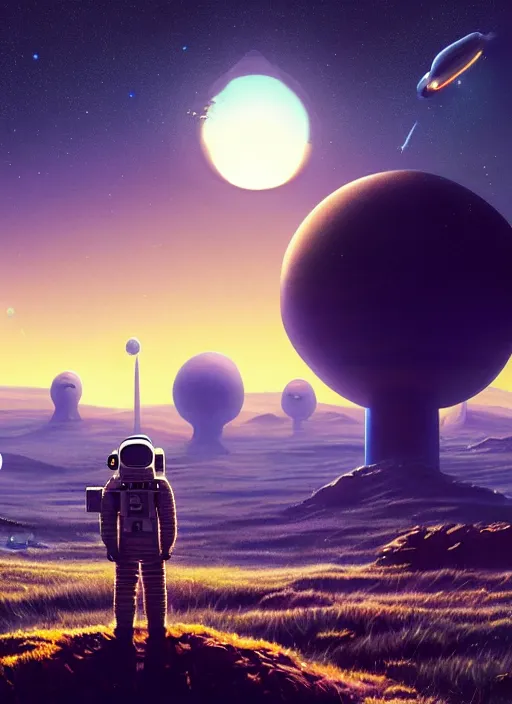 Image similar to a lonely astronaut overlooking at an amazing alien landscape and the universe, digital art, breathtaking, golden ratio, extremely detailed, establishing shot, hyperrealistic, cinematic lighting, particles, unreal engine, simon stålenhag, rendered by Beeple, Makoto Shinkai, syd meade, simon stålenhag, Ruan Jia, Kentaro Miura, environment concept, artstation, octane render, 4K UHD image