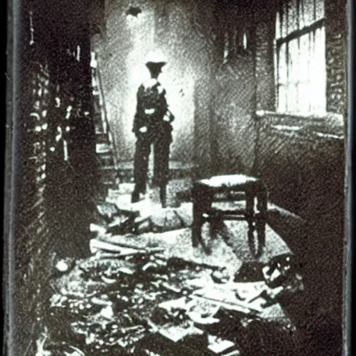 Image similar to photograph of a crime scene of the serial killer Jack the Ripper, unsettling, creepy, horrific, gruesome