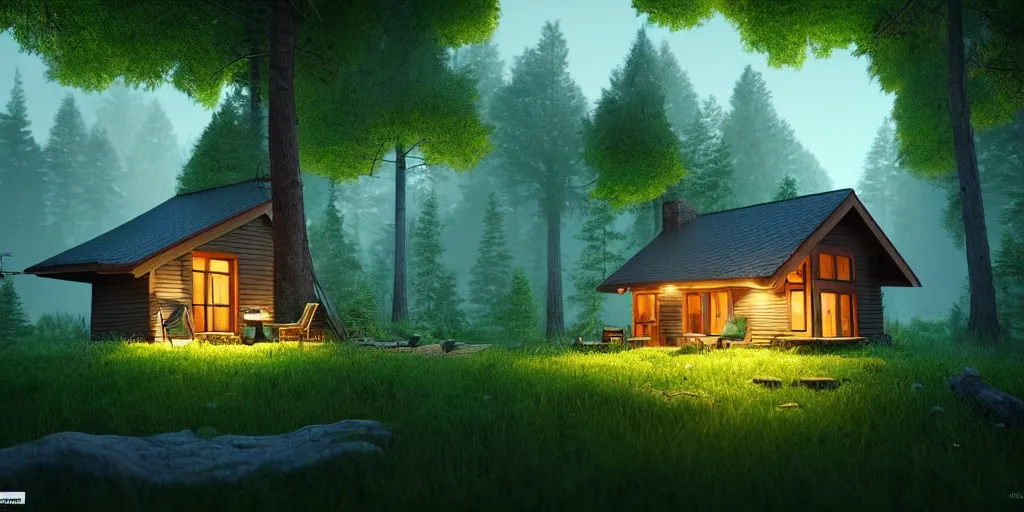 Image similar to a cozy little house in the woods, relaxing, 3 d concept art by scott zenteno, chill, relaxing, peaceful, sunset, extremely detailed art, unreal engine 5, hyper realism, blue - green aesthatic