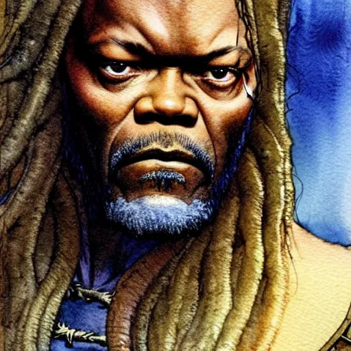 Prompt: a realistic and atmospheric watercolour fantasy character concept art portrait of samuel l. jackson as a druidic warrior wizard looking at the camera with an intelligent gaze by rebecca guay, michael kaluta, charles vess and jean moebius giraud