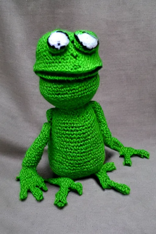 Prompt: Pepe the frog knitted from yarn