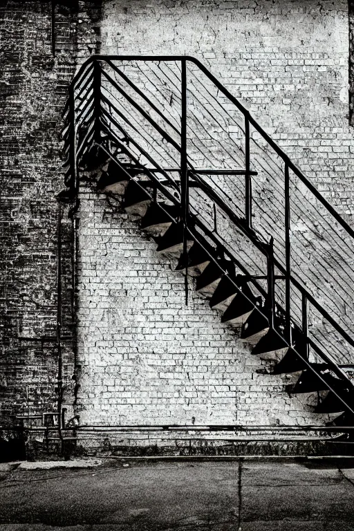 Prompt: small overgrown urban garden at twilight in Montreal backalley, brick wall, metal spiral staircase, overcast sky, moonlight, volumetric lighting, cell-shading, blue and black color scheme, digital art