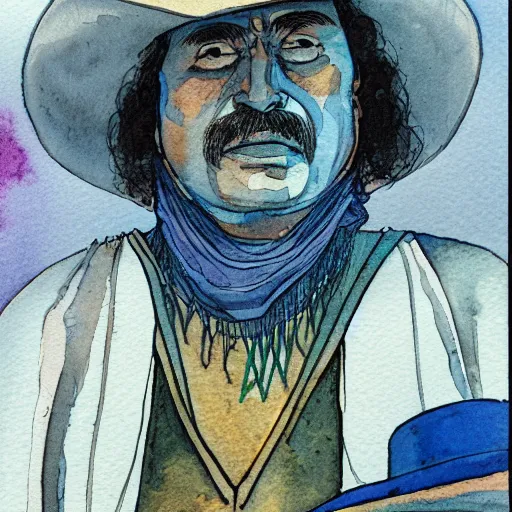 Image similar to a 3 / 4 view watercolor ink painting of an man sits and upper him old mexican magician closes his eyes, in the style of jean giraud in the style of moebius trending on artstation deviantart pinterest detailed realistic hd 8 k high resolution