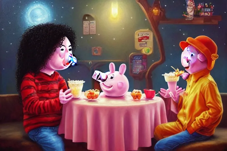 Image similar to michael jackson sharing a milkshake with peppa pig late night, an oil painting by ross tran and thomas kincade