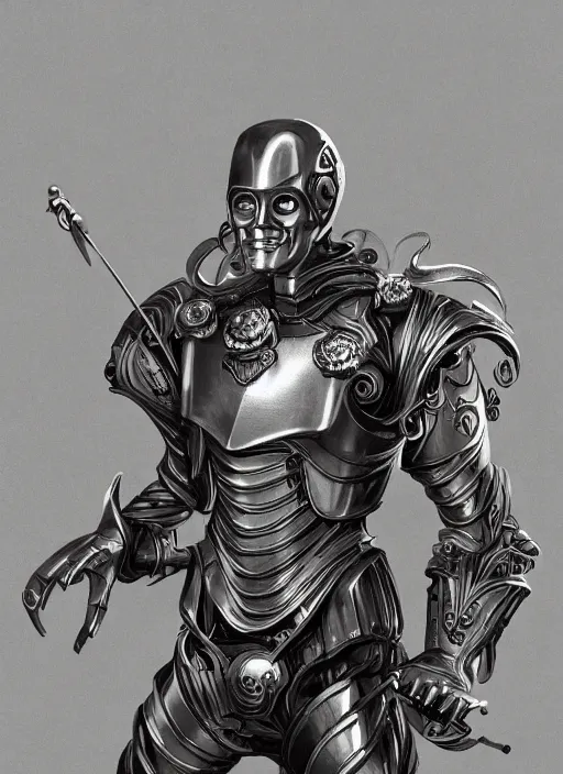 Image similar to powerful male tin man, willem dafoe as tinman, full body character concept, covered in full metal armor, art nouveau, super powers, fantasy, intricate, elegant, highly detailed, digital painting, artstation, concept art, shining, sharp focus, illustration, art by stanley lau