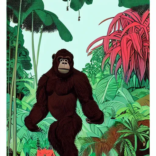 Prompt: Anthropomorphic bipedal gorilla wearing a t-shirt and shorts, in the background is lush jungle, graphic novel, by James Jean, Victo Ngai, David Rubín, Mike Mignola, Laurie Greasley,