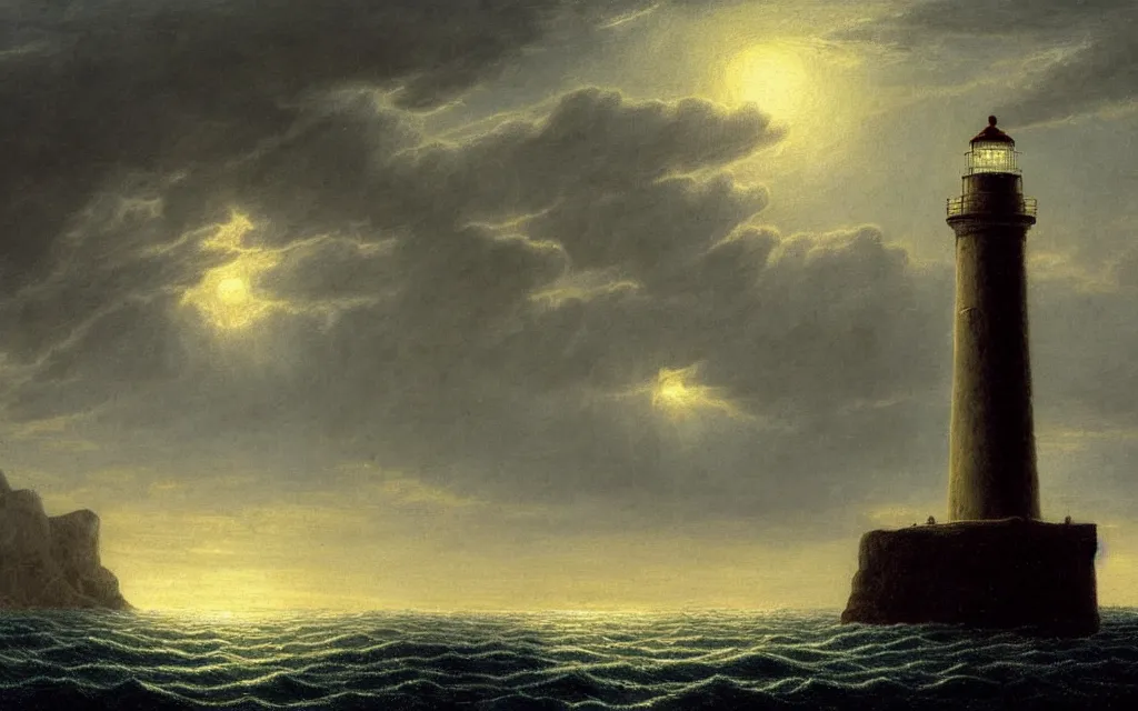 Prompt: a painting of a lighthouse in the middle of the ocean, a matte painting by Caspar David Friedrich, deviantart, gothic art, apocalypse landscape, atmospheric, nightscape