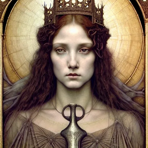 Prompt: detailed realistic beautiful young medieval queen face portrait by jean delville, tom bagshaw, brooke shaden, gustave dore and marco mazzoni, art nouveau, symbolist, visionary, gothic, pre - raphaelite, ornate gilded medieval icon, surreality, ethereal, unearthly, haunting, celestial, neo - gothic, ghostly, memento mori, nightmare, medium shot