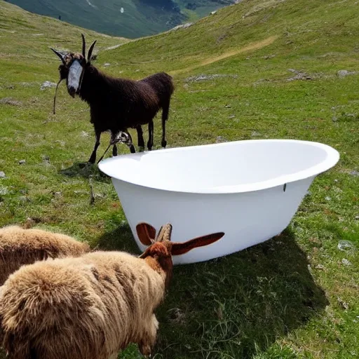 Image similar to dragonfly in a bathtub in the alps, goats!!!!!!!! goat!! sheep!!! in background