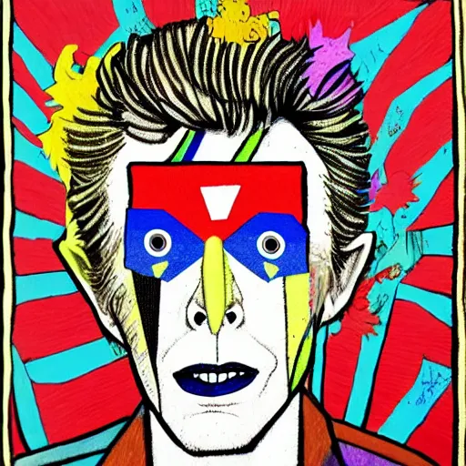 Image similar to david bowie in the style of daniel johnston and outsider art, acid, 4k