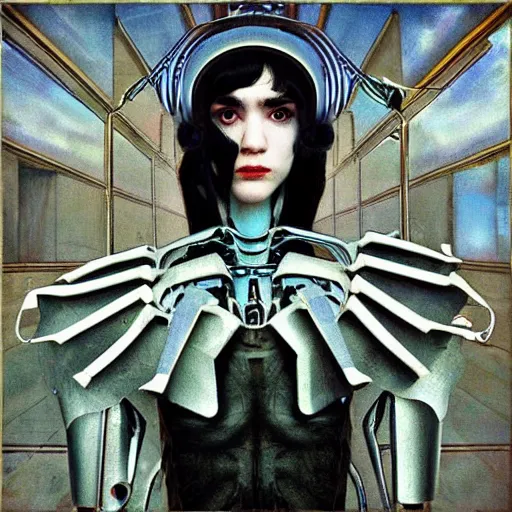 Prompt: album cover of Grimes as an evil robot cyborg character in a romantic pre-raphaelite style