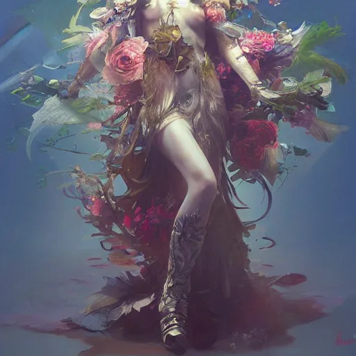 Image similar to Floralpunk elysian Maiden of radiant light by Ruan Jia, award winning art, Artstation, art nouveau aesthetic