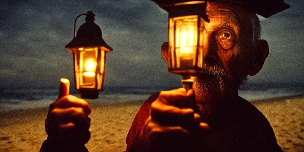 Image similar to film still of closeup old man holding up lantern by his beach hut at night. pirate ship in the ocean by emmanuel lubezki