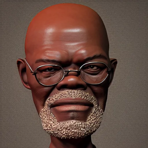 Prompt: wooden sculpture of samuel l. jackson, wide shot, vibrant color details, zbrush, hyper realistic, golden ratio, macro lens, unreal engine, octane render, symmetri