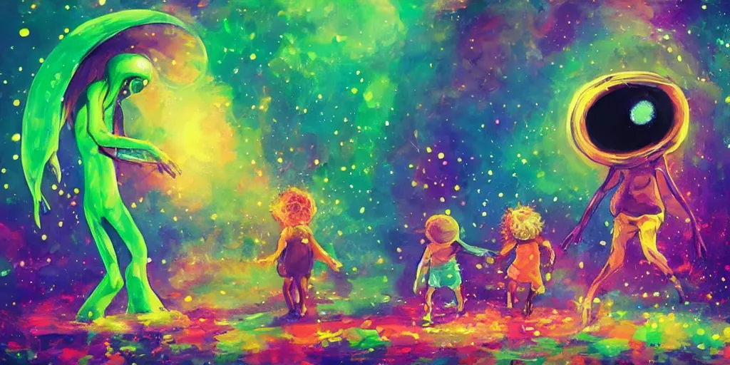 Image similar to happy encounter between an alien and a human child, colorful, impactful