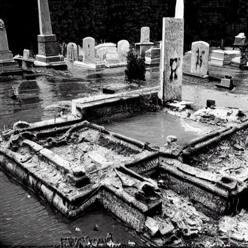 Image similar to The print shows a grave that has been flooded with water. The grave is located in a cemetery in Italy. The water in the grave is dirty and there is trash floating in it. The grave is surrounded by a fence. 1990s by Genndy Tartakovsky offhand, curvaceous