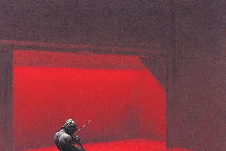 Image similar to only with red, a red samurai do seppuku, tokio, a lot of frogs watch, in the style of beksinski, parts by edward hopper, parts by rodcenko, parts by yue minjun, intricate and epic composition, red by caravaggio, insanely quality, highly detailed, masterpiece, red light, artstation, 4 k