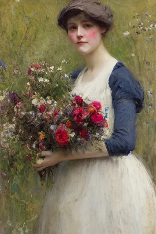 Image similar to Richard Schmid and Jeremy Lipking full length portrait painting of a young beautiful edwardian girl hold a large bouquet of flowers