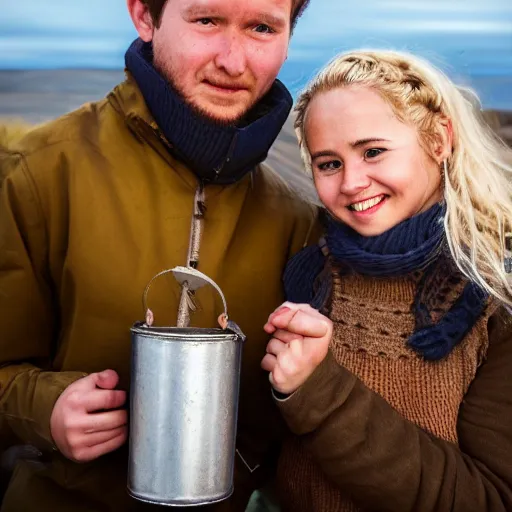 Image similar to a highly detailed portrait of a young couple from the side, holding a tin can, renote icelandic village, summer, blonde hair, muted colors, joy, trending on artstation,